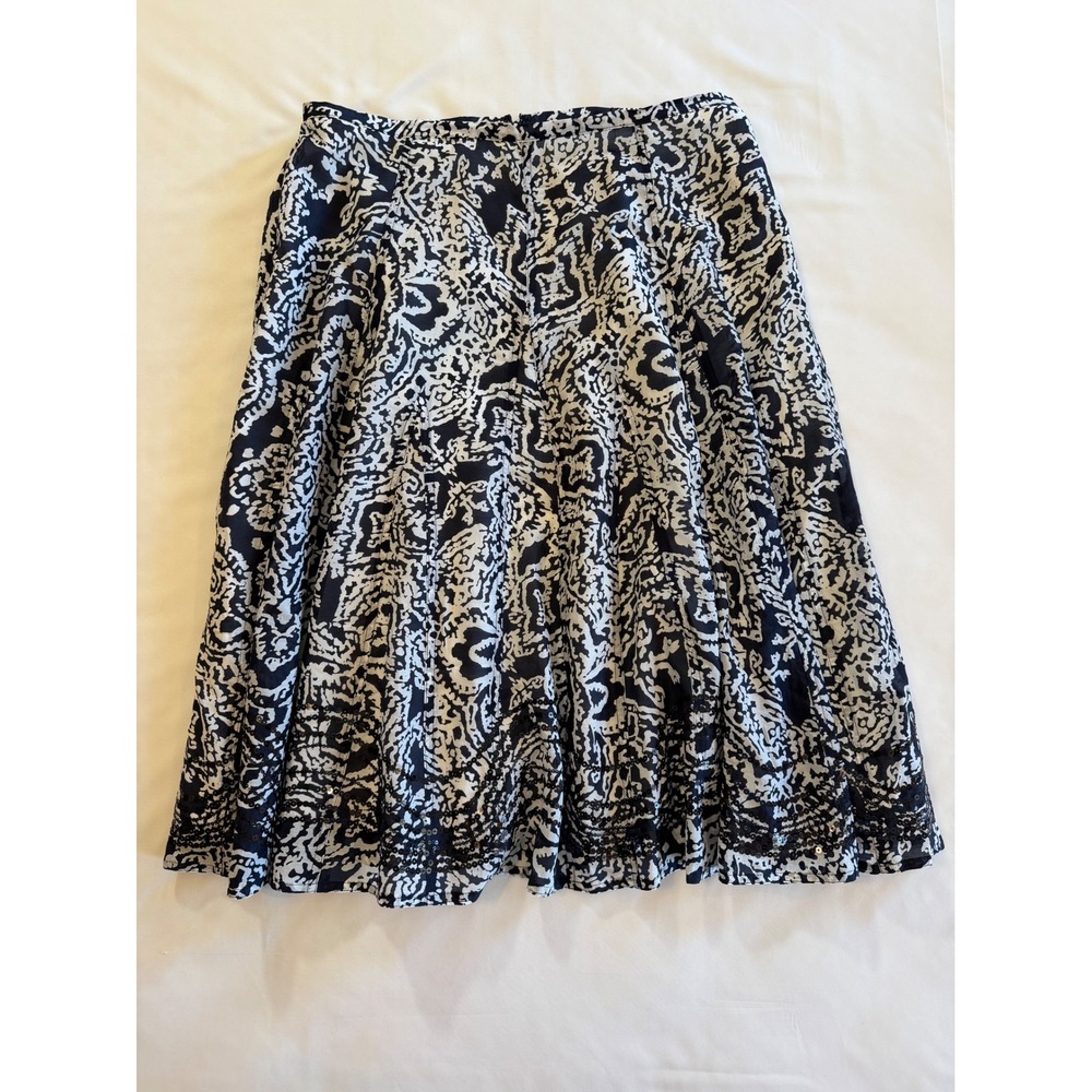 Silk Blend Midi Skirt Chico's Navy White Abstract Sequin Hem Size 3‎ Large XL